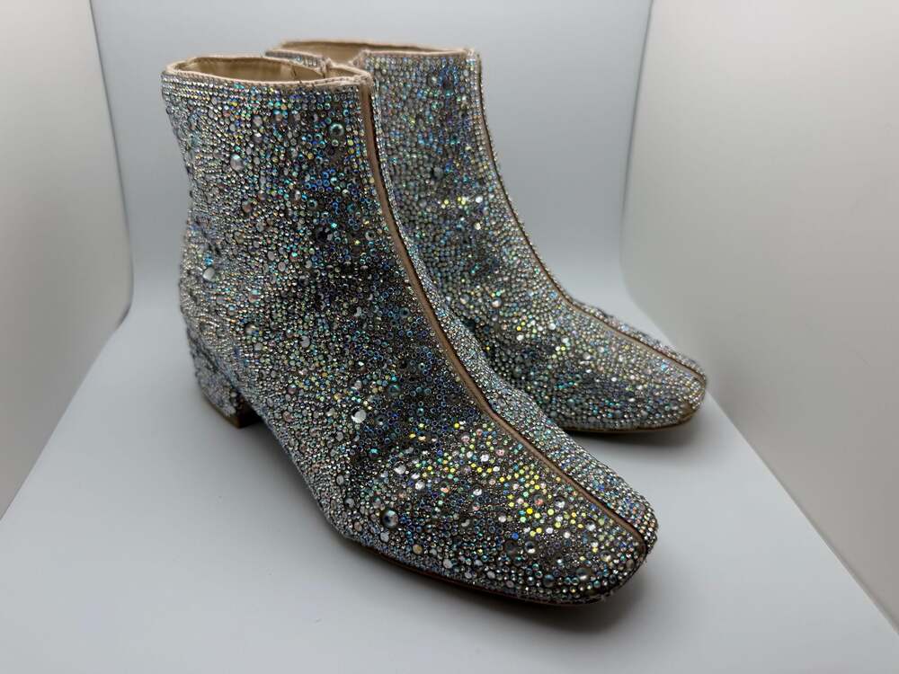 Betsey Johnson Girls Rhinestone Encrusted Block Heel Ankle Booties